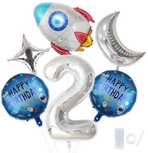 Universum Party Luftballons, 6 Stück Weltraum Geburtstag Deko Luftballons, Rakete Geburtstag Ballons, mit Mond, Stern, Zahlen und Runde Folienballon, für Kinder Motto Party(2)