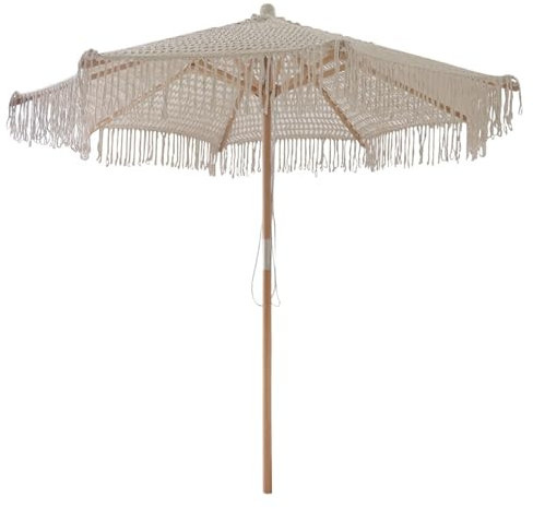 Parasol de plage creux de 250 cm avec Franges, parapluie au crochet macramé fait à la main décor de jardin avec système de poulie de corde, poteau en bois de 48 mm, parapluie de porche à frange