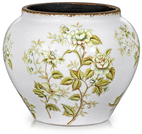 Hollyone Vintage Vase, Grün und Weiß Retro Keramikvase, Rustikale Vasen Chinoiserie-Blumenvase Blumentopf Deko Vasen für Pampasgras, Bauernhaus, Wohnkultur, Tischdeko, Wohnzimmer, Schlafzimmer