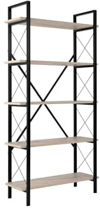 Stilvolles Bücherregal mit Metallrahmen, 90 x 180 x 33,5 cm | 100% melaminbeschichtete Spanplatte, wandmontierbar, Travertin & Schwarz | perfekt für Zuhause & Büro