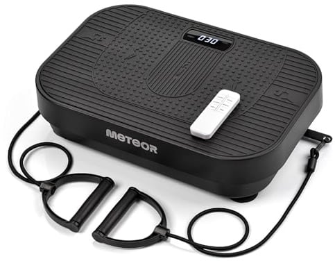 meteor Vibrationsplatte – Fitnessgerät für Zuhause mit 120 Intensitätsstufen und 5 Programmen – 3 Trainingszonen – Massage‑ und Sportgerät mit Fernbedienung und Widerstandsbändern – bis 160 kg