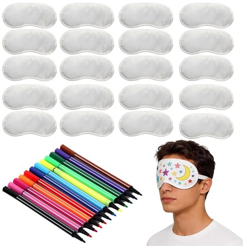 MAXMURYS Schlafmaske DIY Malset 20 Stück – 18,5x8,5cm Weiß Bastelset mit 12 Buntstiften – Kreatives Set für Erwachsene, Cosplay, Pyjama-Partys & handwerkliche Projekte
