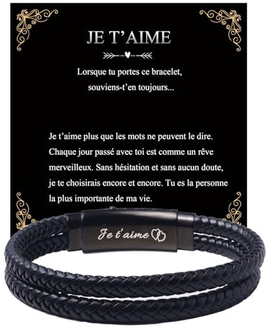 Juozyve Je t'aime Homme Bracelet Cuir : Hommes Cadeau Papa Bracelet Cuir Noir Adjustable 19-23cm Amitié Porte-bonheur Bijoux Homme Cadeau Anniversaire Saint-Valentin Noël Fête des Pères