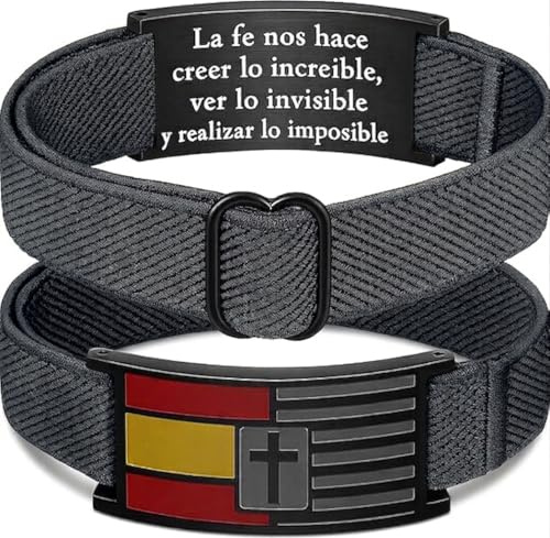 HOGALTHY Pulsera España Militar-Pulseras de hombre elásticas con cierre ajustable hasta 25 cm-Brazalete acero inoxidable bandera española y cruz fe cristiana-Regalo personalizado con bolsa
