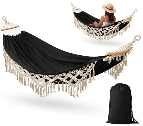 DECCART Hängematte Indoor Schwarz | mit Fransen Baumwoll Hängeliege Makramee Liege Holzstäben Boho für Garten Balkon Terrasse Wohnzimmer Camping Outdoor