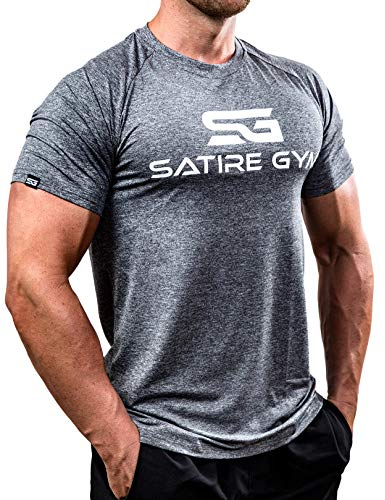 Satire Gym - Sportshirt Herren Kurzarm - Sport Shirt Männer - Slim Fit T-Shirt als Activewear Funktionsshirt für Fitness, Laufen, Bodybuilding (Grau Meliert, L)