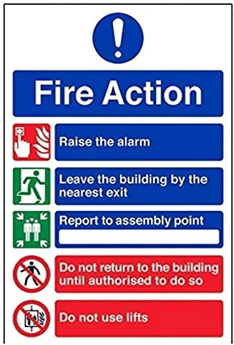 V Safety 5 Message Fire Action Notice Sign - 200mm x 300mm - Self Adhesive Vinyl