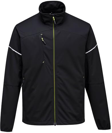 Portwest T620B PW3 Flex Shell Jacket Long Sleeve Water Resistant 6 Pockets | Black, Medium, Regular Fit, Breathable Mesh, 100% Polyester, Reflective Trim, Quick Dry Elastic Bound Cuff, Reversed Zip