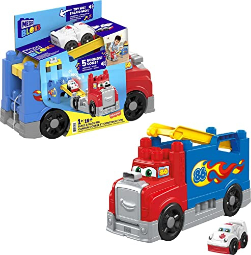MEGA Bloks FVJ01 - Fast Tracks Rennwagen-Transporter, mit Geräuschen, 15 Teile, Mehrfarben, Spielzeug ab 1 Jahr