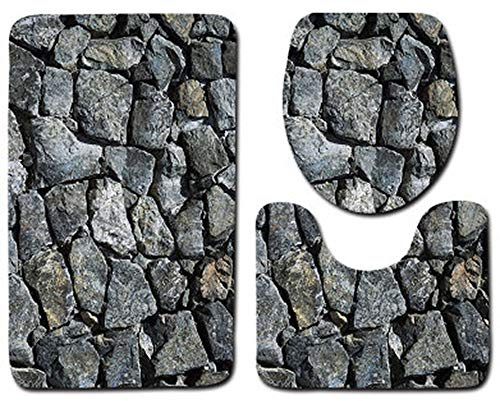 PENGYUE Weiche Badteppich-Set 3-teilig Strand-Steine Bunt Nasse Kieselsteine Rutschfest Badezimmerteppich Konturmatte mit Deckelbezug Heimdekoration
