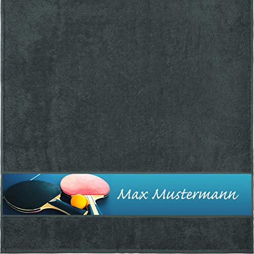 Personalisiertes Duschtuch Mit Namen - Sport Motiv Tischtennis - Viele Farben - Dusch-Handtuch - Anthrazit - Größe 70x140 cm - Persönliches Geschenk Mit Wunsch-Motiv und Wunsch-Name