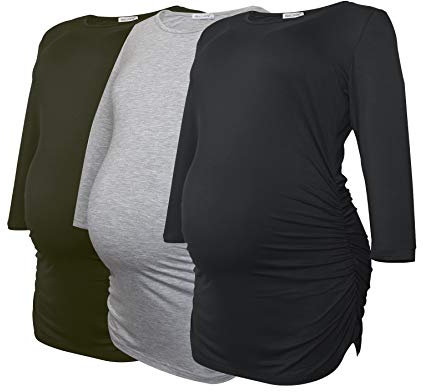 Smallshow Haut de Maternité pour Femmes Lot de 3 Vêtements de Grossesse à Manches froncées 3/4,Black/Grey/Army Green,XL