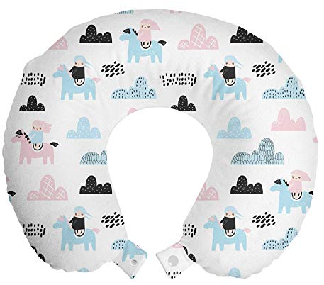 ABAKUHAUS Kindergarten Reisekissen Nackenstütze, Kleines Mädchen auf Pony Wolken, Schaumstoff Reiseartikel für Flugzeug und Auto, 30x30 cm, Baby Blue Rose und Weiß