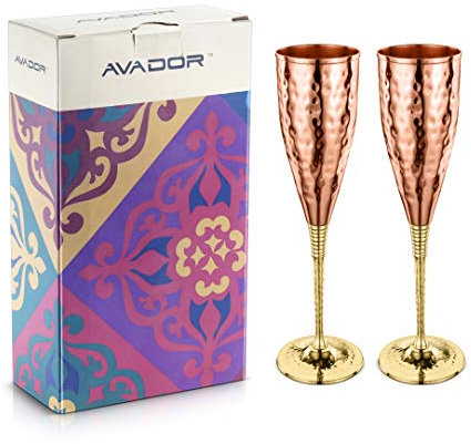 Avador Set of 2 Shatterproof 100% Handcrafted Copper Champagne Flutes Hammered Finish 16 Oz. Gift Set