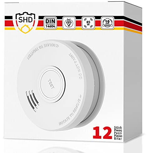 SHD Rauchmelder Set wechselbare Batterien (12x) - DIN EN14604 Geprüft & BSI-Zertifiziert, Brandmelder mit Stummschaltung & Selbsttest Funktion, Rauchmelder Magnethalter geeignet, Feuermelder DOF19