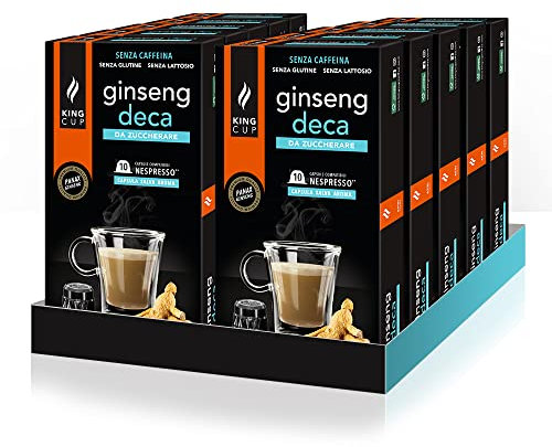 King Cup - 10 Paquets de 10 Capsules de Ginseng Deca Sans Sucre, 100 Capsules 100% Compatible avec le Système Nespresso de Boisson Aromatisée Ginseng, Sans Gluten et Sans Lactose