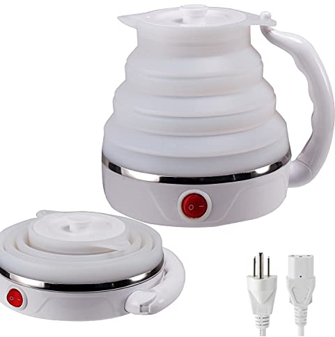 Travel Kettle, Fordable Electric kettle, Collapsible Kettle Dual Voltage,boil water, with make tea coffee,Food Grade Silicone Small Electric Kettle(600ML,110V/220V ) (White)
