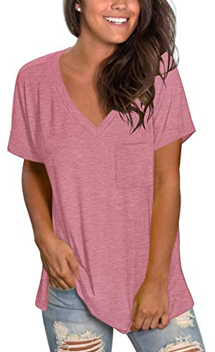 MOLERANI Damen Kurzarm T-Shirts mit V-Ausschnitt Lose lässige Sommer Tops T-Shirts Pink L.
