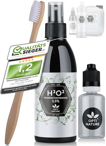 NEU| Wasserstoffperoxid 3,5% H2O2| für weißere Oberflächen - 250ML |Strukturiertes, hexagonales Ur- Wasser - Food Grade | Hydrogen Peroxide, inkl. Bambuszahnbürste | OPTI NATURE