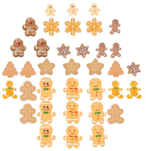 SUNNYCLUE 1 Boîte 36 Pcs 12 Styles Thème de Noël Cabochons en Résine Flatback Bonhomme de Pain D'Épice Biscuits Arbre Bonhomme de Neige Flocon de Neige Ornements Charmes pour Fabrication de Cartes