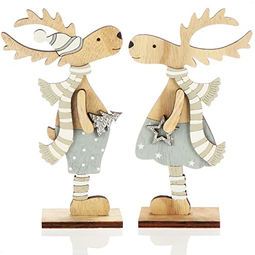 com-four® 2X Dekorativer Aufsteller für Weihnachten - Rentier aus Holz zum Hinstellen - Christmas Aufsteller zum Dekorieren und Verschenken (XL Rentier - blau + Silber)