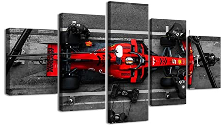 ZHONGYUTONG F1 Auto Leinwand Poster mit Rahmen 5 Stück F1 Ferrari Sebastian Vettel Rennwagen Wandbilder Rote Supercar Gemälde für Schlafzimmer (100x55cm)