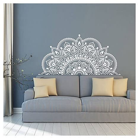 Wall Decal Half Mandala Headboard Art Vinyl Sticker,Yoga Mandala Flower Wall Sticker Living Room Interior Bed Decor Sticker Mural (Color : White, Size : 57x28 cm)