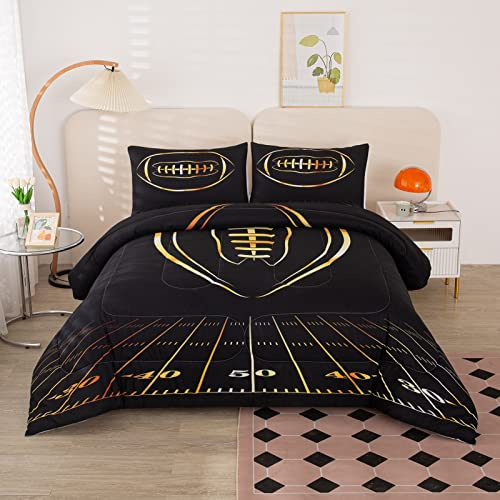 MWMWMW Football Comforter Set Full, Full Size Comforter Set for Boys, Black and Gold Sports Bedding Set for Boys Girls Teens, 3-Pieces Ultra Soft Football Bedding with 2 Matching Pillowcases