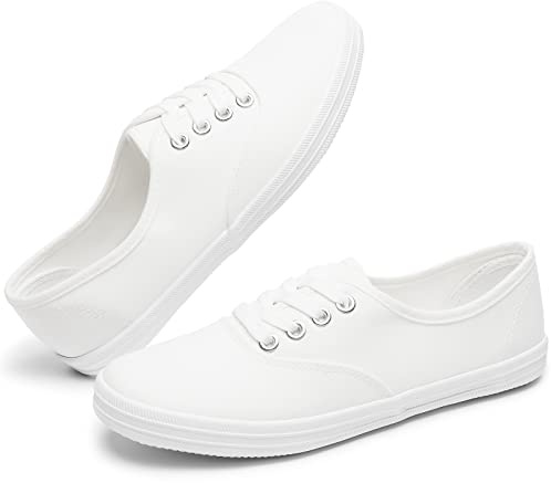 Womens White Canvas Sneakers Low Top Lace-up Canvas Shoes Lightweight Casual Tennis Shoes(White.US8)