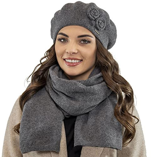 VIVISENCE Elegantes Damen Winter Set Aus Baskenmütze Und Langem Schal Aus Wärmendem Wollgarn Perfekte Passform Für Kalte Wintertage Ideal Für Elegante Und Sportliche Outfits, Dunkelgrau,Einheitsgröße