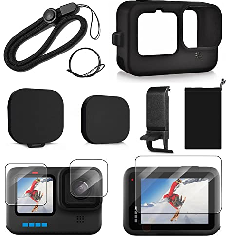 YHTSPORT Custodia in Silicone per GoPro Hero 13 12 11 10 9 Black, Pellicola Protettiva in Vetro Temperato + Copertura Laterale della Batteria + Copriobiettivo + Cordino, Hero 13 12 11 10 9 Accessorio