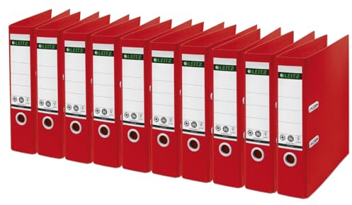 Leitz Recycle Qualitäts-Ordner 180° A4, 10er Pack, 8 cm Rückenbreite, Für 600 Blatt, 100 % recycelbares PP und recycelter Karton, Umweltfreundlich, Recycle Serie, Rot, 10180025