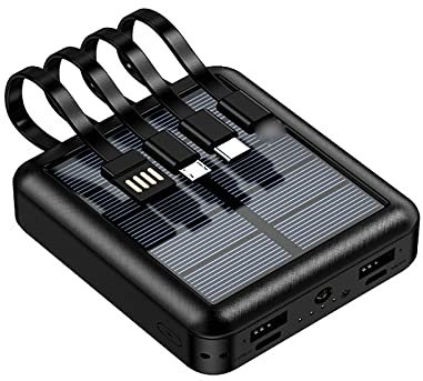 Batterie Externe Solaire 20000mAh Power Bank de Charge Portable avec Câble Ultra Slim Mini Banque de Batterie Externe Lampe de Poche Super Lumineuse Intégrée,Black,88 * 78mm