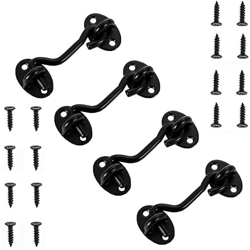 VENGABY 4Pcs Hook and Eye Latch,Cabin Hook Gate Hook Lock, Barn Door Gate Latch Latch Stainless Steel, Thicken Window Hook Lock with Mounting Screws for Shed Gate or Garage Door (Black, 3 in)