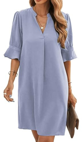 Famulily Ladies Summer Dress 2023 Short Sleeve Pleated Swing Casual Dress Knee Length Sky Blue XL