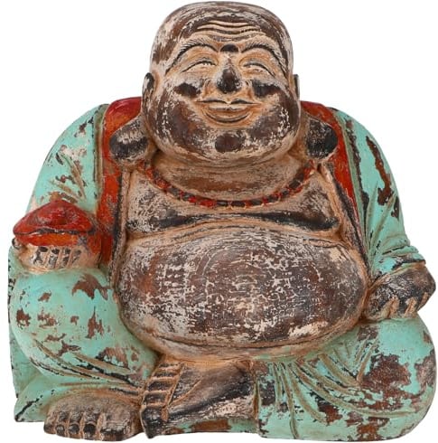Lachender Holzbuddha, handgeschnitzt, 21 cm, antik grün, Modell 17 | Handgearbeitete Buddha Statue, Teakholz, einzigartig, für Meditation und Erleuchtung, dekorativ für jeden Raum.
