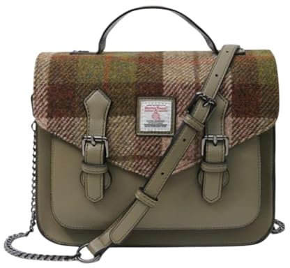 Islander® The Calton Satchel Damen-Umhängetasche mit Harris-Tweed, Größe S und M, Kastanien-Schottenkaro, Medium