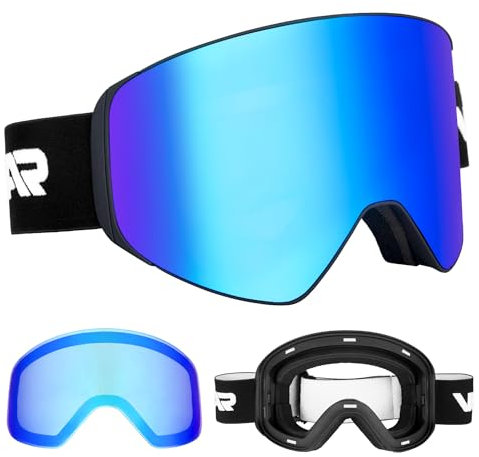 Vgooar OTG Skibrille mit Magnetischer Abnehmbarer Linse, Rahmenlose Skibrille mit Zylindrischer Linse – Antibeschlag und UV400 Schutz Skibrille für Herren und Damen(Blau)