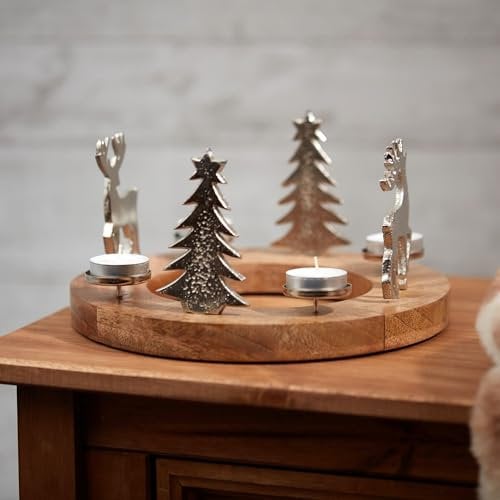 Silver Metal Stag & Christmas Trees Christmas Multi Ring Tea Light Candle Holder on Wooden Base