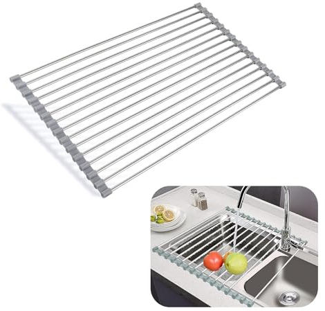 XoeLLe Scolapiatti da Appoggio, Scolapiatti da Lavello Pieghevole Inox Griglia Tappetino Scolapiatti Salvaspazio Lavandino Cucina Lavandino Piatti Scola per Essiccare Posate e Verdura 45x30 cm