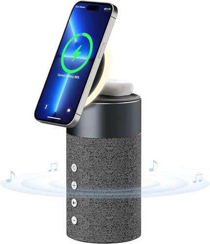 COLSUR Bluetooth Lautsprecher, Mag-Safe Kabelloses Ladegerät, Bluetooth Lautsprecher mit Nachtlicht, 3-in-1 Magnetisches Wireless Charger für iPhone 16/15/14/13/12 Serie, AirPods Pro/4/3/2