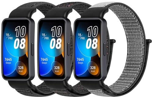 BTTNG Nylon Armband Kompatibel für Huawei Band 8/Huawei Band 9/Huawei Band 10 Damen Herren, 3 Stück Atmungsaktive Nylon-Armband Sport Solo Loop Ersatzbänder für Huawei Band 8/9/10 NFC