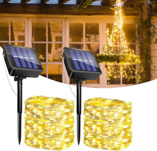 2 Pezzi Luci Solari Esterno, 12M+2M 120LED Catena Luminosa Esterno Solare, 8 Modalità, IP65 Impermeabile Filo di Rame, Decorazione per Giardino, Cortile, Patio, Albero, Natale(Bianco Caldo)