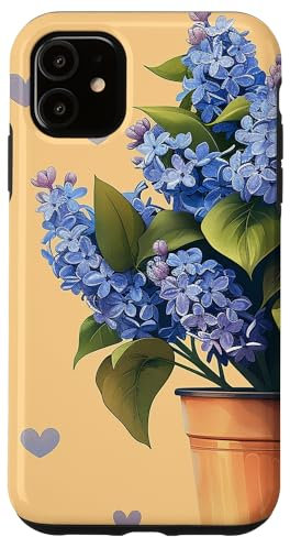 Custodia per iPhone 11 Pianta lilla in vaso Cottagecore Cuori Grafica