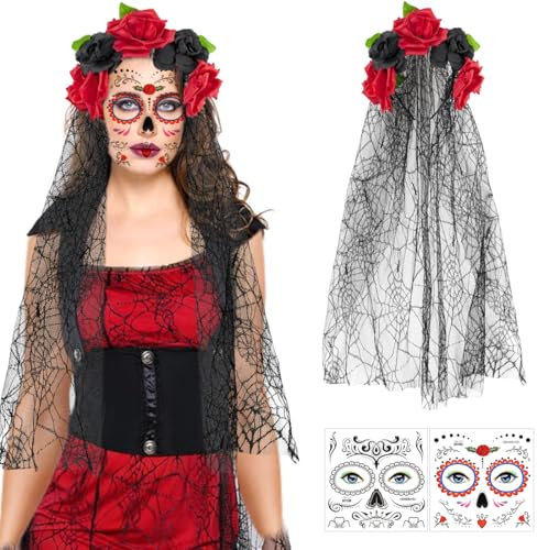 Epokus Tag Der Toten Kostüm Damen, Dia De Los Muertos Haarreif Schleier, Halloween Kopfschmuck, Schwarzen Rot Rosen Haarband mit Gesicht Tattoos, Haarband für karneval Fasching Maskerade Cosplay