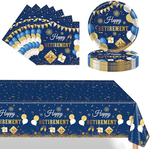 POPOYU 37Pcs Navy Blue Retirement Party Paper Tableware Set,Retirement Party Plates Napkins Serviettes and Table Cloth,Retirement Birthday Table Decorations for Men Women Retirement Party Supplies