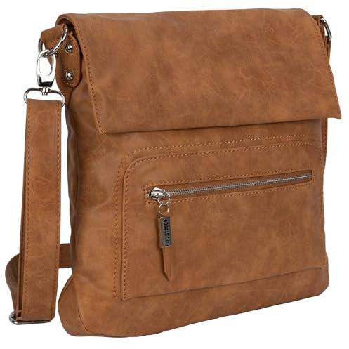 EAAKIE Damen Tasche, Schultertasche, Handtasche, Umhängetasche mit Leder Optik und vielen Fächern (COGNAC)