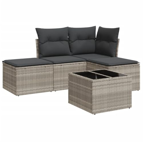 vidaXL Garten Sofa Garnitur 5-TLG., Gartenmöbel Set mit Kissen, Sitzgruppe für Garten Terrasse, Modular Gartensofa Hocker Lounge, Tisch mit Glasplatte, Hellgrau Poly Rattan
