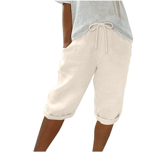 Sommerhose Damen Leicht Sommer Einfarbig Kurze Hosen Leinenhose Mit Kordelzug Casual Pants Hohe Taille Caprihose Stoffhose Bequeme Freizeithose Frauen Elegant Loose Fit Strandhose Outdoorhose