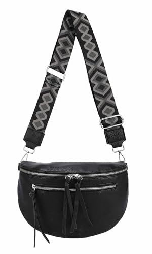 ITALYSHOP24 Damen Tasche Umhängetasche Brusttasche Muster Gürtel Bauchtasche Crossbody Gürteltasche Hüfttasche Crossover Bodybag Schultertasche Handytasche Leder Optik Schwarz.M